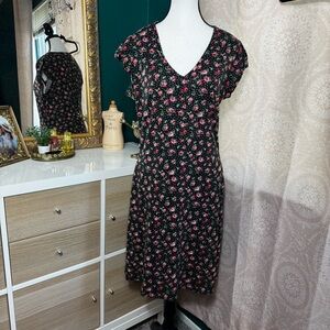 Suzanne Betro Dainty Floral Rose Polka Dot Stretch Black Midi Dress Size Large